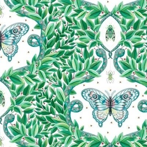 Lush greenery , sneaky snakes, Luna moths and insects on white background - small