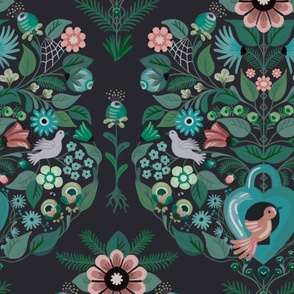 Busy quirky damask pattern of colorful flowers, birds and vines - all over and busy -  large