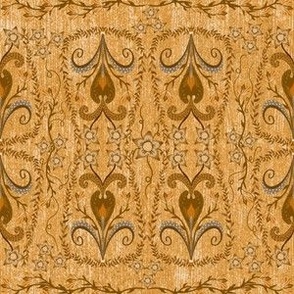 Gold,and saffron hued handdrawn heritage damask on linen textured background small