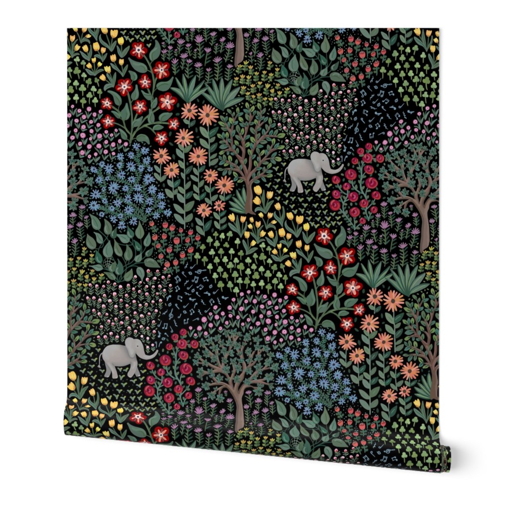 Cute baby elephants playing in a whimsical jungle at dark night - large 