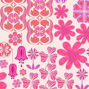 Retro floral mixed flowers in orange and pink, large scale