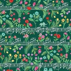 Quirky print of  baby floral growing in a magical garden where baby elephants play with music notes 