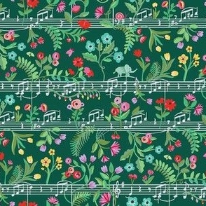 Quirky print of  baby floral growing in a magical garden where baby elephants play with music notes - small 