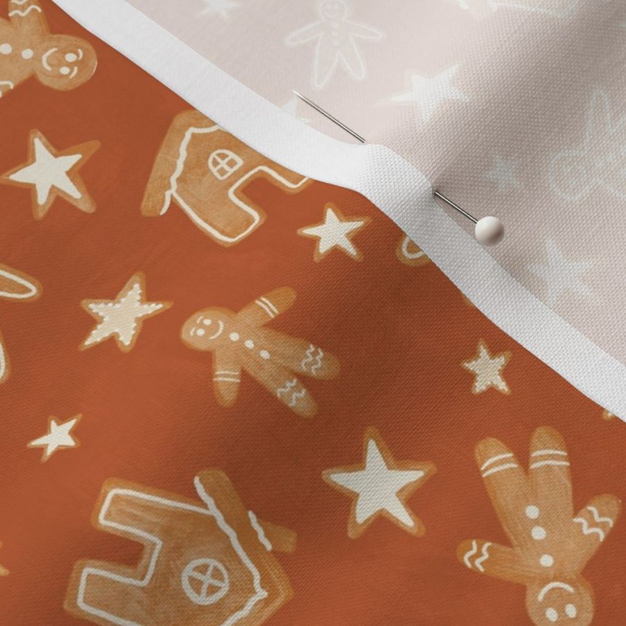 small // Boho Gingerbread Fabric with Christmas Cookies on Rust red