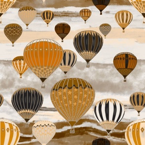 Gold sepia brown hot air balloons over the Alps large 24” repeat