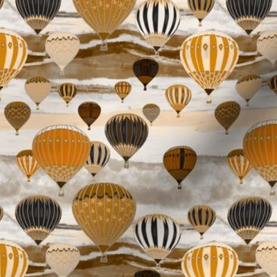 Monochrome browns and golds hot air balloons over the alps small 6” repet