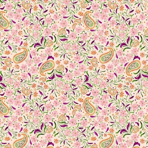 Floral paisley pattern coral-grass-peoney - 10 inch repeat