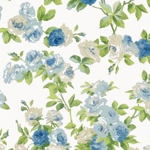 Romantic English roses in blue and green on a light backgroud