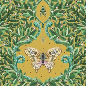 Quirky and maximal damask of a magical jungle - yellow , mustered and green - large print