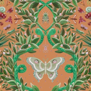Luna moths, sneaky snakes and colorful insects adding magic into the damask print - large  scale