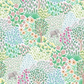 Graphical jungle scene with quirky baby elephants and multi color ditsy flowers on white 