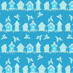 Birds and Birdhouses in Sky Blue