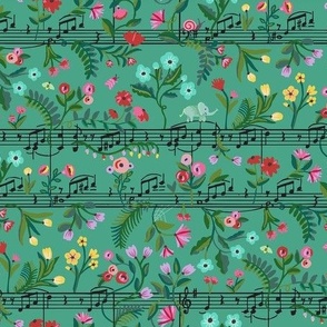 Magical scene of baby elephants playing in a colorful flower garden with music notes and hidden moths - hand painted and gouache - mid size