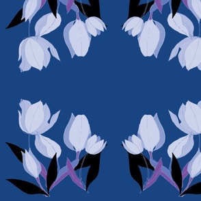 Light Blue Tulips with Black and Purple Leaves on Dark Blue background