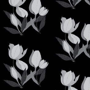 Light Gray Tulips with Gray and Deep Gray Leaves  on Black Background Collection