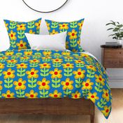 Retro Sunflowers Large on Bluebell blue