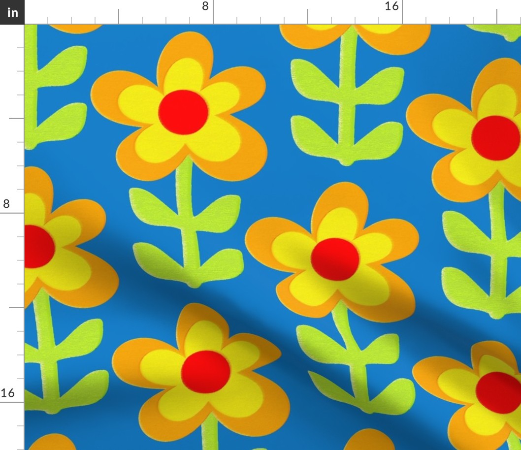 Retro Sunflowers Large on Bluebell blue