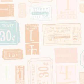 Vintage ticket stubs in pale pink and peach on a cream background