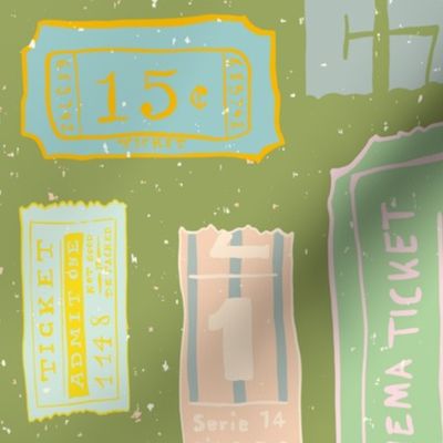 Vintage ticket stubs in pink and green on a dark green background