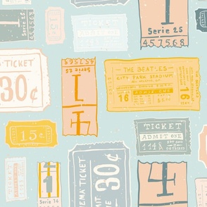 Vintage ticket stubs in yellow, pink and blue on a pale blue background