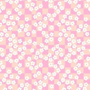 checkered daisies ditsy flower retro vintage gingham racer block geometric boho garden plaid design in pink white and faded coral