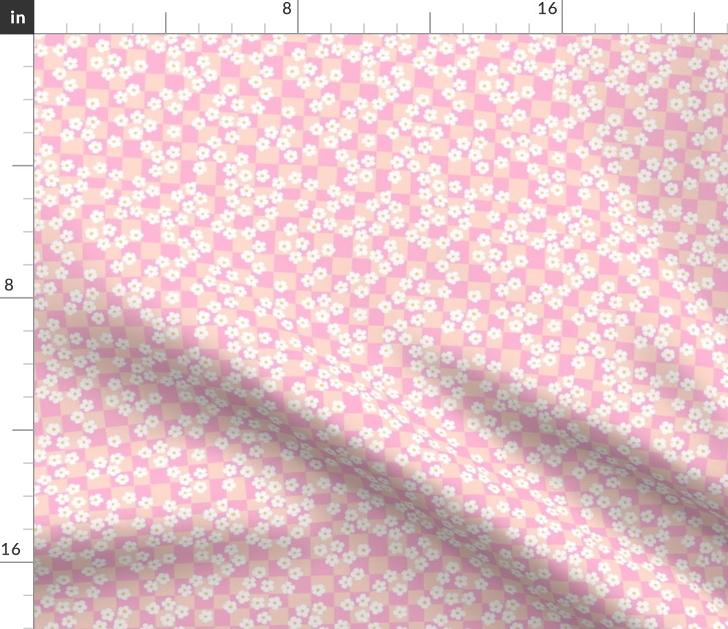 checkered daisies ditsy flower retro vintage gingham racer block geometric boho garden plaid design in pink white and faded coral