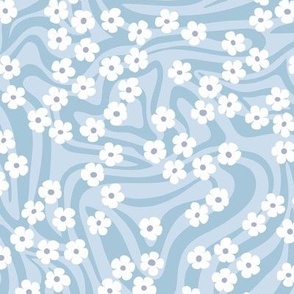 Vintage abstract organic shapes and retro ditsy flower power zebra style cool boho design vintage in white dark and light blue