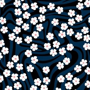 Vintage abstract organic shapes and retro ditsy flower power zebra style cool boho design vintage in white dark blue and black