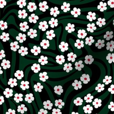 Vintage abstract organic shapes and retro ditsy flower power zebra style cool boho design vintage in white forest green and black