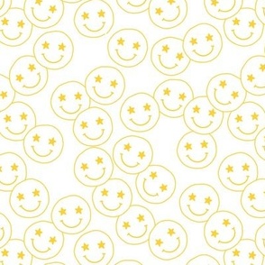 Minimalist boho style starry eyed smileys seventies vintage design sunny yellow on white