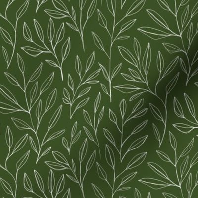 Leaves and Stems Line Work || White on Dark Green Outdoor Oasis Collection by Sarah Price