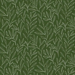Leaves and Stems Line Work || White on Dark Green Outdoor Oasis Collection by Sarah Price