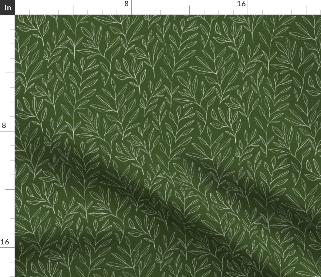 Leaves and Stems Line Work || White on Dark Green Outdoor Oasis Collection by Sarah Price