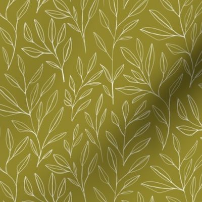 Leaves and Stems Line Work || White on Olive Green Outdoor Oasis Collection by Sarah Price