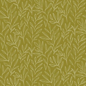 Leaves and Stems Line Work || White on Olive Green Outdoor Oasis Collection by Sarah Price