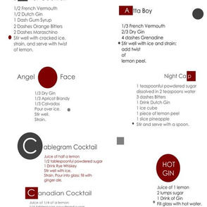 Classic cocktail recipes in gray, dark red, and white print