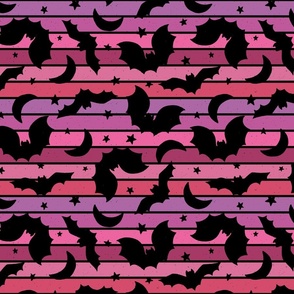 Halloween Bat Silhouettes Retro Stripe Pink - Large Scale