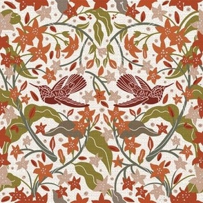 Symmetrical Birds, Arts & Craft Liberty style florals with linen texture 