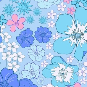 flower garden bright blues, turquoise floral large scale