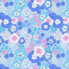 flower garden bright blues, turquoise floral small scale