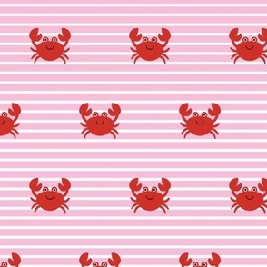 Cute kawai Crabs minimalist beach animals in red on pink stripes and white