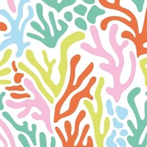 Colorful Matisse inspired leaves minimalist abstract Coral Shapes in teal lime pink and orange on white