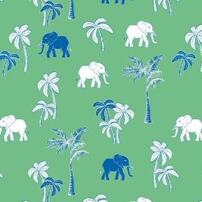 Tropical Forest Elephant and boho Palm Trees in white blue on faded jade green mint