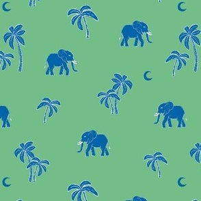 Tropical Forest Elephant and boho Palm Trees in blue on faded jade green mint 