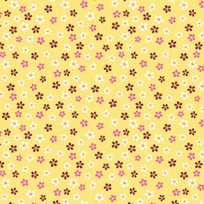 Ditsy daisies pink brownn orange on yellow Regular Scale by Jac Slade