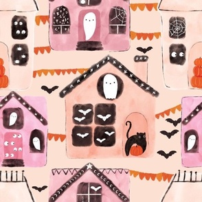 Cute Whimsical Pink Halloween Ghosts Black Cats Ghouls Bats Spooky Houses 12x12