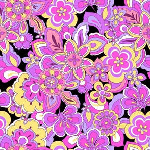 70s Floral Retro Dream purple pink yellow on black Large Scale by Jac Slade