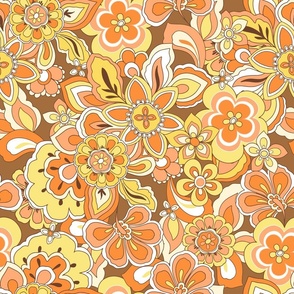 70s Floral Retro Dream Orange yellow brown by Jac Slade