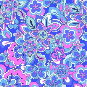 70s Floral Retro Dream Pink blue magenta Large Scale by Jac Slade