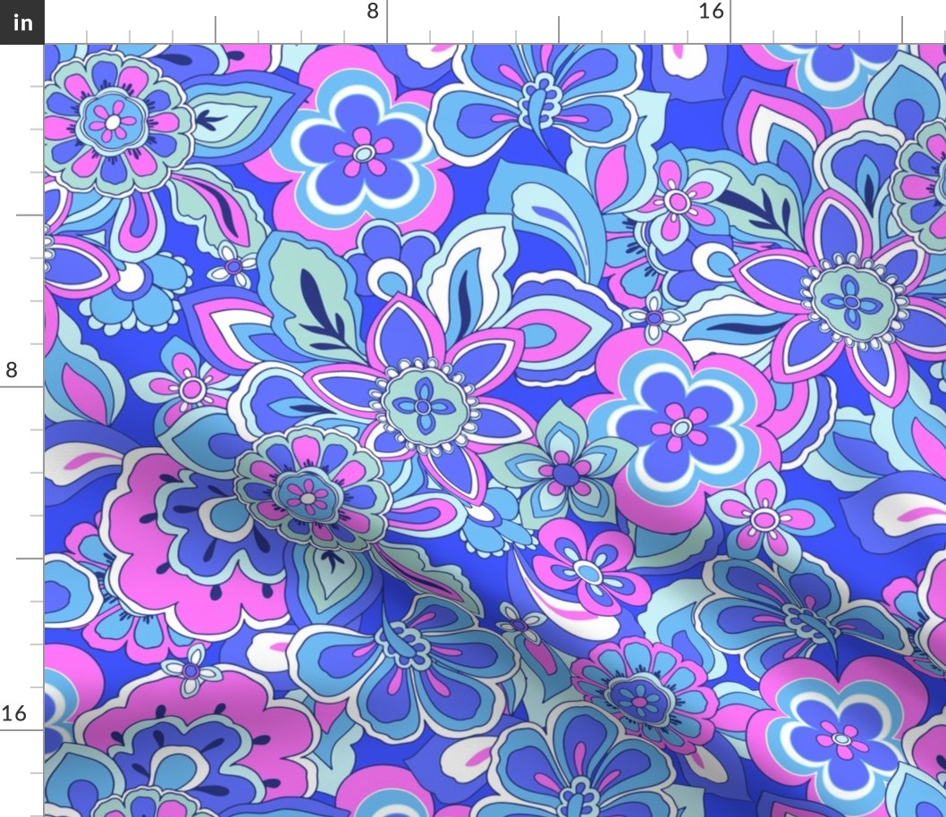 70s Floral Retro Dream Pink blue magenta Large Scale by Jac Slade